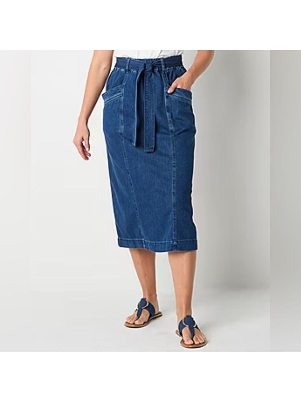 St. John's Bay Dark Blue Denim Midi Skirt with Tie Waist